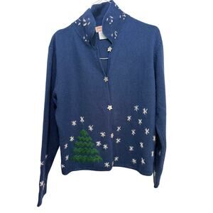 Norm Thompson Cardigan Sweater Embroidered Christmas Tree Blue Size Medium